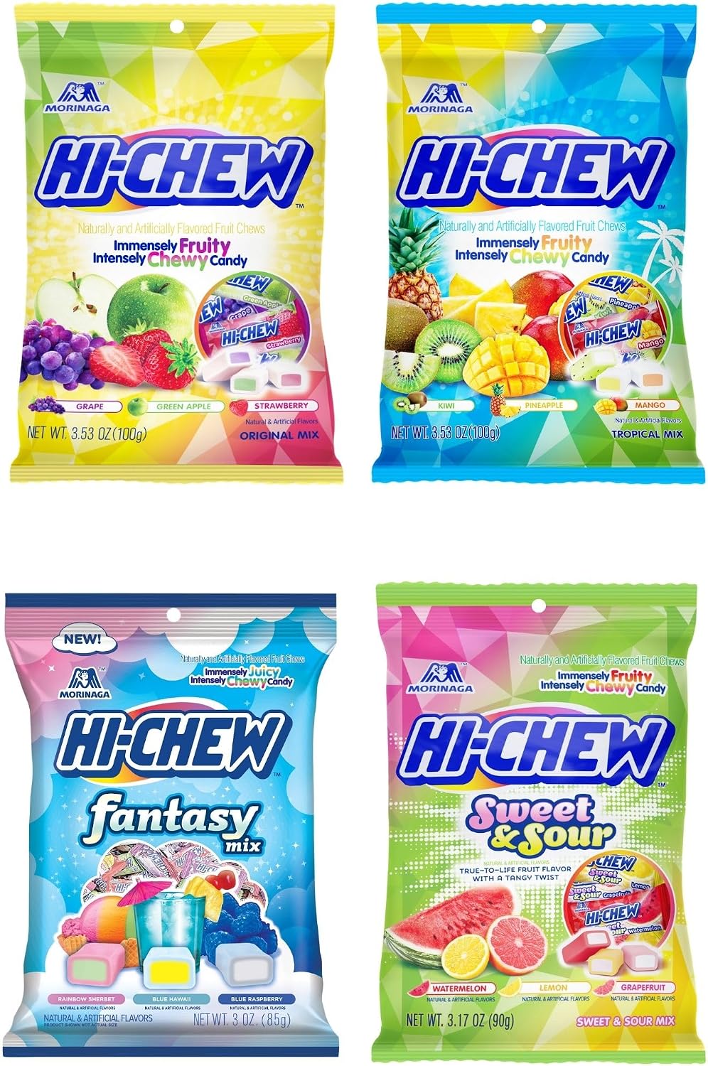 HI-CHEW Variety Mix, Pack of 4 Bags - 17 Flavor Assort Sweet and Sour Chewy Candy, Unique Fun Soft - Immensely Juicy Fruity Candy Flavors - Individually Wrapped for Sharing