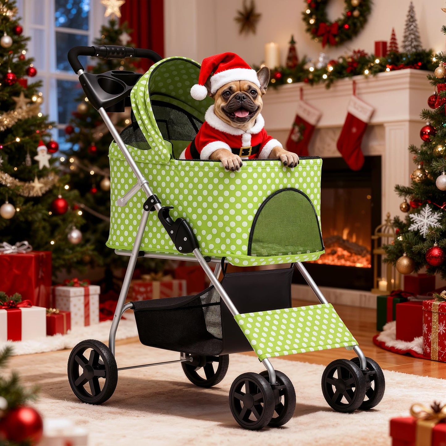 MoNiBloom 3 in 1 Foldable Pet Stroller for Small & Medium Dogs, Detachable Carrier, Car Seat, Push Button Entry, 4-Wheel Jogger for Pets up to 33 lbs, Lawn Green Polka Dots
