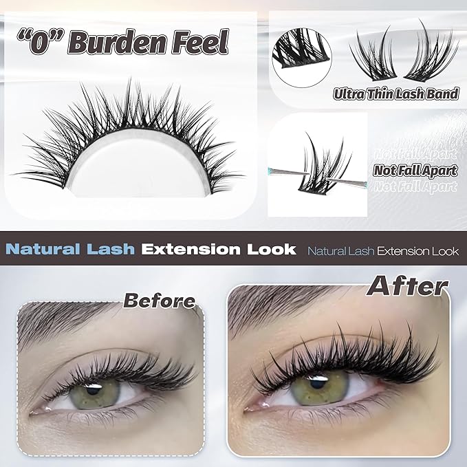 ALICE Lash Clusters Wispy Natural Eyelash Extensions Short 10-14mm Eyelash Clusters Volume Lash Extensions Thin Band DIY Individual Lashes
