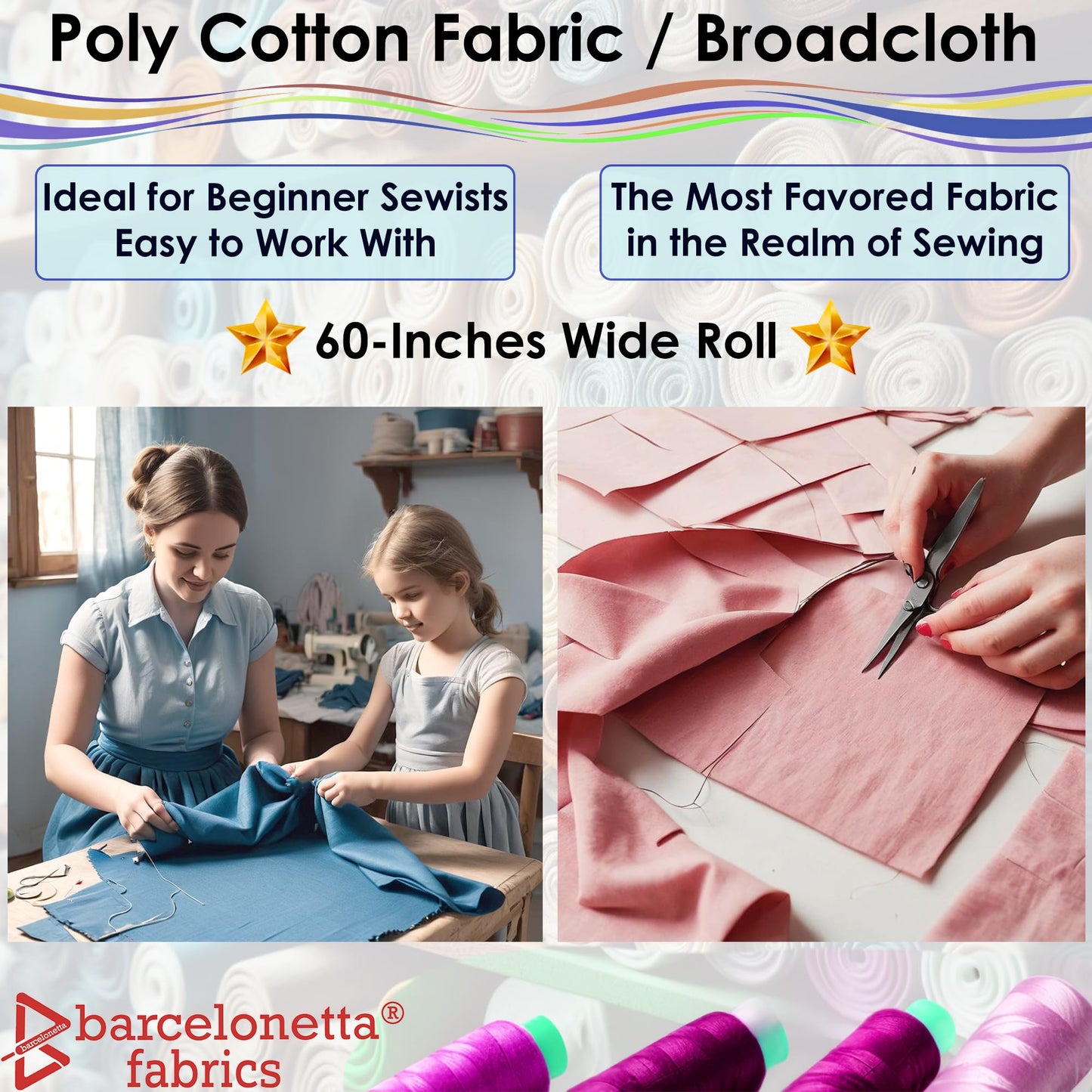Barcelonetta | Poly Cotton Fabric for Sewing | Broadcloth Fabric | by The Yard | 60" Wide Roll | Lightweight, Breathable | Lining, Home Textile, Skirts, Tote Bags (Khaki, 3 Yard)