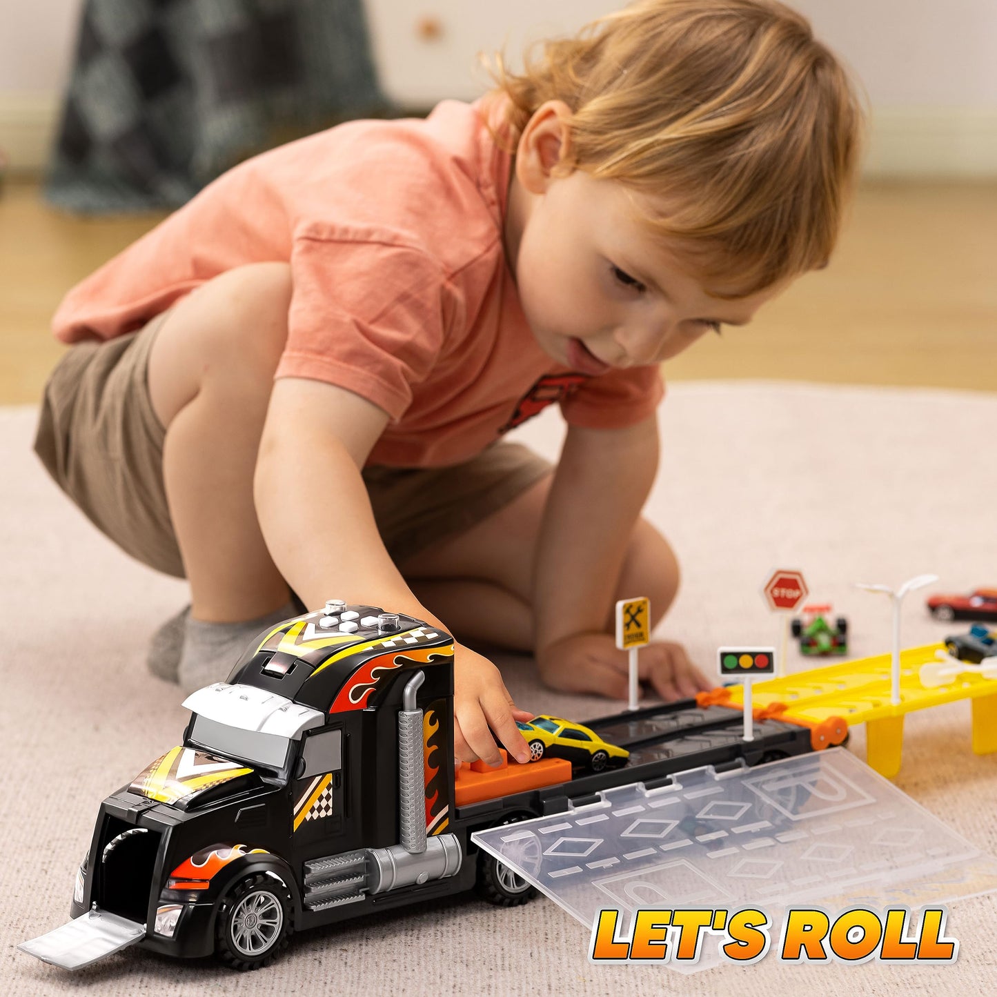 JOYIN Toy Truck for Kids, Race Toy Cars, 60" Extra Long Race Track and 12 Die-Cast Metal Cars, Toddler Carrier Truck with Lights & Sounds, Christmas Birthday Gifts for 2 3 4 5 6 7 Years Old Grandkids
