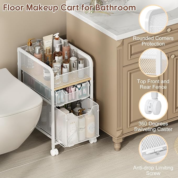Hongtamoya Rolling Makeup Cart Organizer with 2 Drawers, Narrow Floor Skincare Organizers, Vanity Organizer Cosmetics Display Cases Holder for Skin Care Nail Polish Perfume Makeup Brush, White