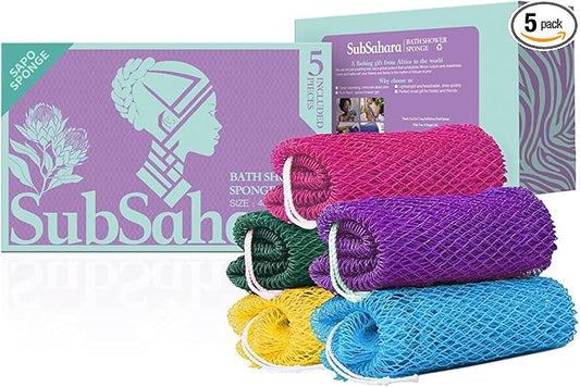 SubSahara Authentic African Net Sponge - 5 Pack Exfoliating Bath & Shower Loofah Sponge for Body & Face, Gentle Scrubber for All Skin Types, Travel, Durable