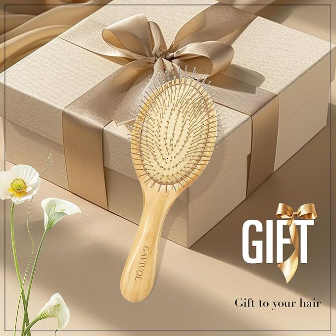 Bamboo Paddle Hair Brush with Steel Bristles for Anti-Static Detangling and Scalp Massager Perfect Wooden Handle Brush for Hair Growth All Types Flexible Curly Hair Detangler for Women Kids
