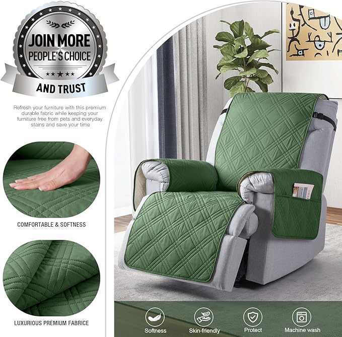 TAOCOCO Waterproof Recliner Chair Cover, Non Slip Oversized Recliner Covers for Recliner Chair with Pocket, Reclining Chair Cover Furniture Protector for Kids, Pets(Oversized Recliner, Vine Green)