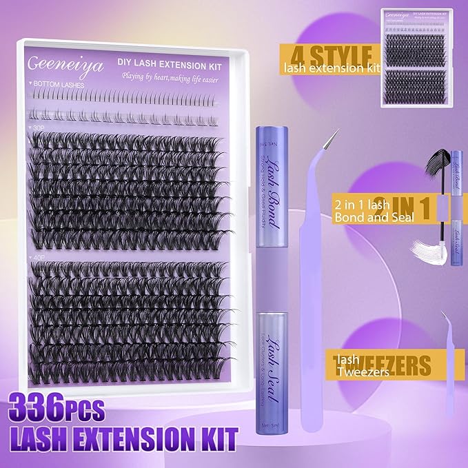 Geeneiya Bottom Lash Extension Kit Natural Cluster Eyelash Extension Kit DIY D Curl Lash Clusters Kit with Lash Bond and Seal Glue, Lash Applicator for Self Application at Home (30D+40D+BOTTOM)