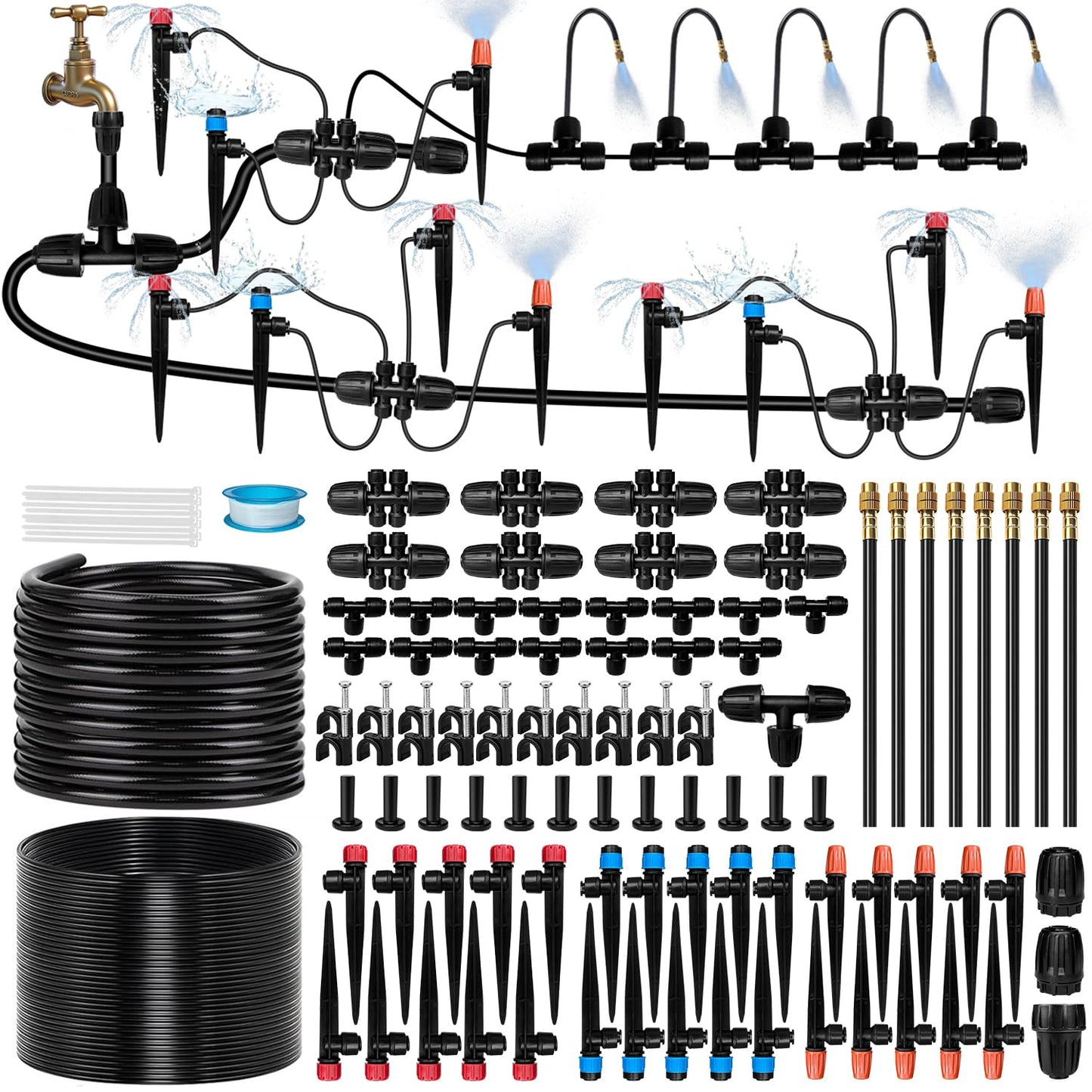 230FT Drip Irrigation System for Garden with 38pcs Adjustable Copper Nozzles & Emitters, Automatic Garden Watering System with 1/2" & 1/4" Tubing for Raised Bed, Yard, Greenhouse, Potted Plants, Lawn