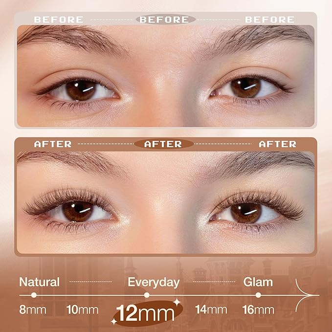 12MM Lash Clusters Brown Eyelash Clusters Natural Fluffy Wispy Cluster Eyelash Extensions with Clear Band & C Curl - For Noticeable But Not Dramatic Look, Soft Glam Sweet Spot