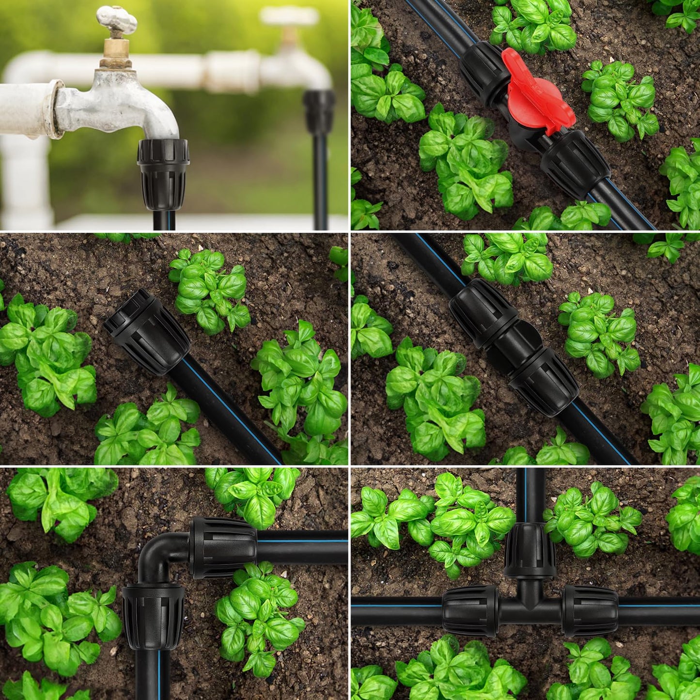 Copadri 21 Pieces1/2 Inch Drip Irrigation Fittings Kit, 1/2'' Drip Line Barbed Locked Connectors for 1/2 Inch Irrigation Tubing (1/2" ID x 0.650" OD) Coupling Tee Elbow Plug Valve Faucet Adapter