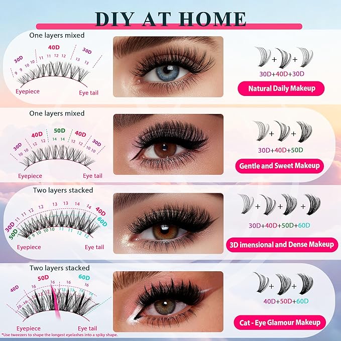 Lash Clusters 30D40D50D60D Lashes Natural Fluffy Eyelash Extensions D Curl With Bottom Eyelashes for Starter DIY at Home