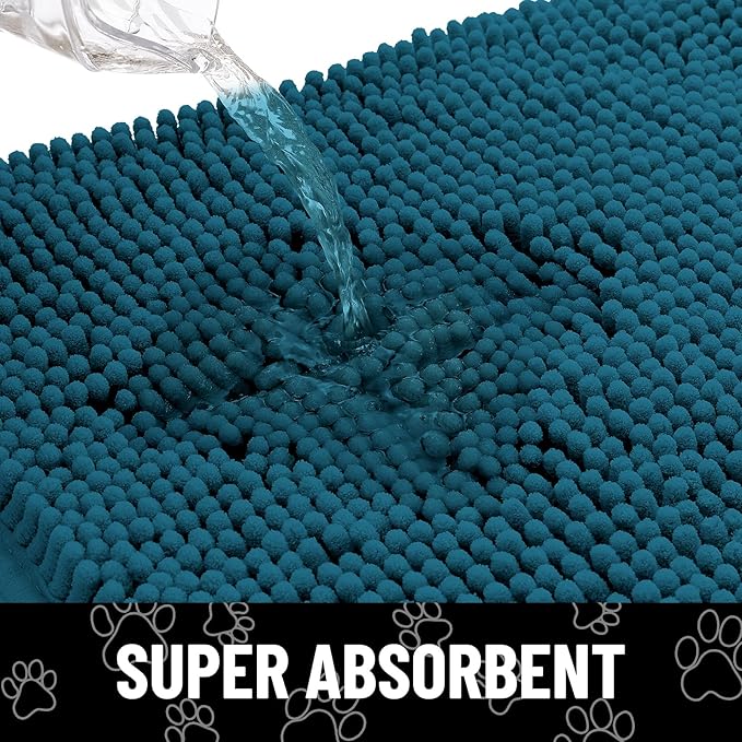 Smiry Dog Door Mat for Muddy Paws, Absorbent Dirt Trapper Non Slip Quick Dry Washable Chenille Mat for Mud Dogs, Entry Rug for Indoor and Outdoor (30x20 Inches, Atlantic Blue and Black)