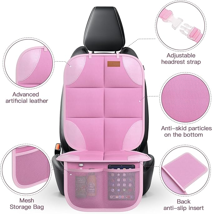 SMART ELF Car Seat Protector, 2 Pack Car Seat Cover, Seat Protector Under Baby Car Seat, Seat Covers with Non-Slip Bottom and 2 Mesh Pockets Suitable for Baby and Pet (Pink)