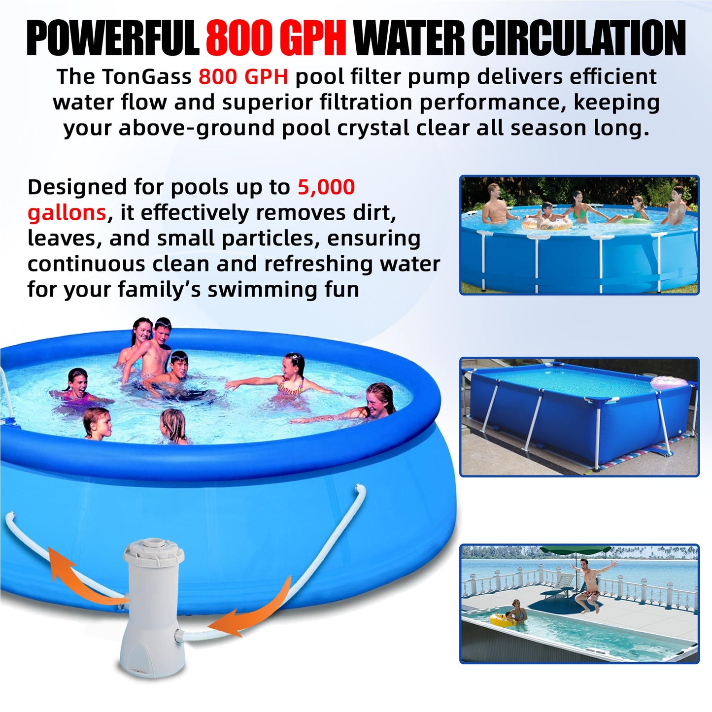 TonGass 800 GPH Pool Filter Pump for Above Ground Pools, Powerful Circulation System with Filter Cartridge, GFCI Safety Protection, Easy to Install Pool Pump for Pools up to 5000 Gallons