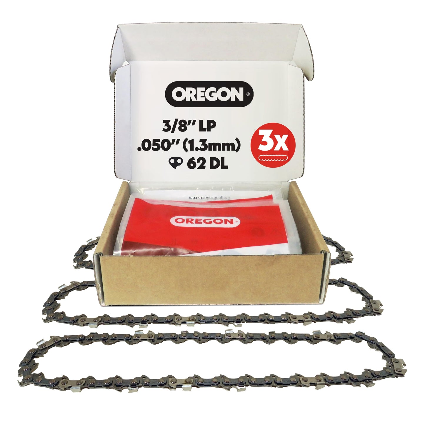 Oregon 3-Pack Chainsaw Chain 3/8" LP Pitch, .050" (1.3 mm) Gauge for 18" (45cm) Bar, 62 Drive Links â Low-kickback Replacement Saw Chain, Fits Husqvarna, Echo, Poulan, Homelite, Craftsman and more