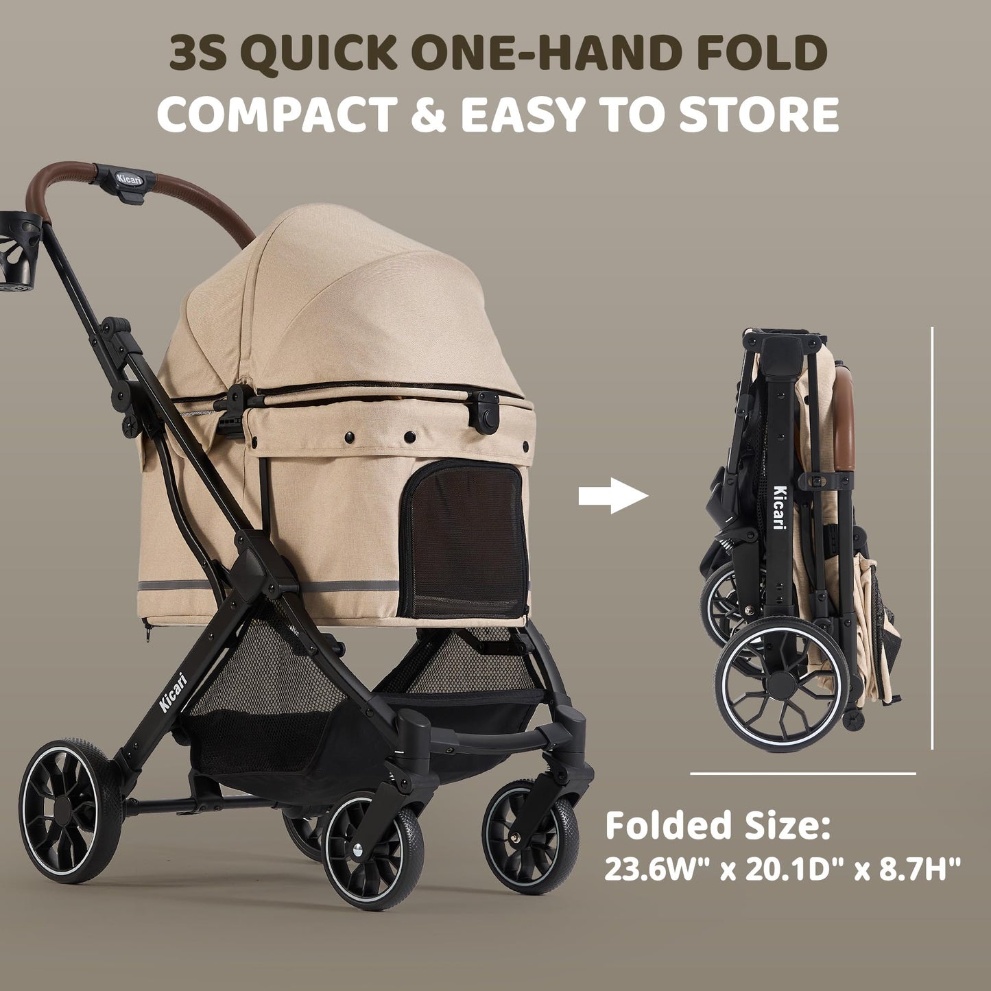 Kicari All-Terrain Dog Stroller for Small to Medium Dogs, Pet Stroller for Dogs & Cats Outdoor Walks, One-Hand Easy Fold, Double-Layer Anti-UV & Waterproof Canopy & Breathable Mesh, Vanilla Beige