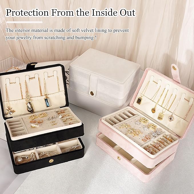 MODENGKONGJIAN Jewelry Organizer Box, 2-Layer Large Jewelry Storage Case, Portable Travel Jewelrys Display Holder for Earrings, Necklaces, Bracelets (Pink, PU Leather)