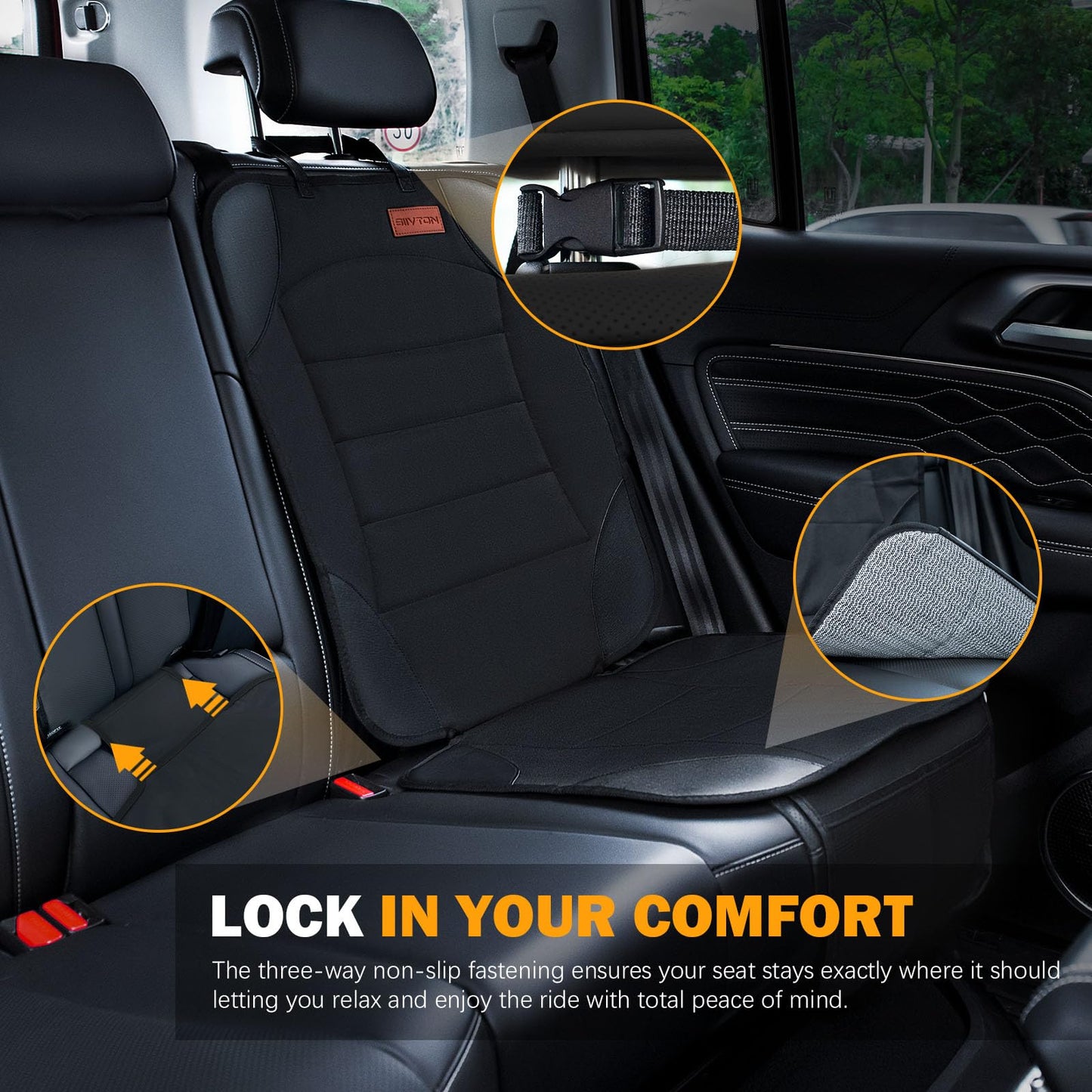 Siivton Car Seat Protector for Child Seat Cushion for Leather and Fabric Seats, 2 Mesh Pockets, Non-Slip Backing, Carseat Protectors for Vehicles, Baby, Pets (2 Pack)