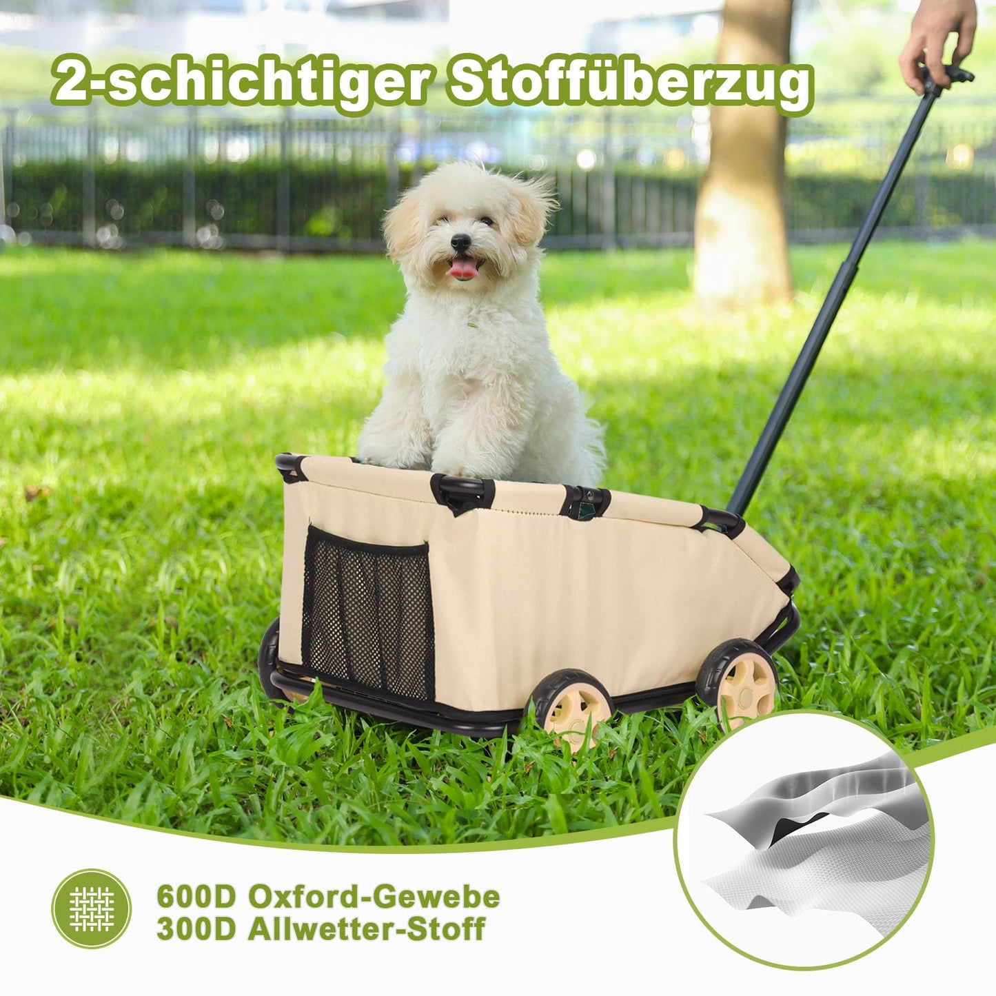 AESRAOU Mini Dog Strollers for Mini Pets, Foldable Multifunctional Shopping Carts with Extendable Pull Handle, Doggie Wagon Built-in Cushion and Safety Rope with Storage Bag (Khaki)