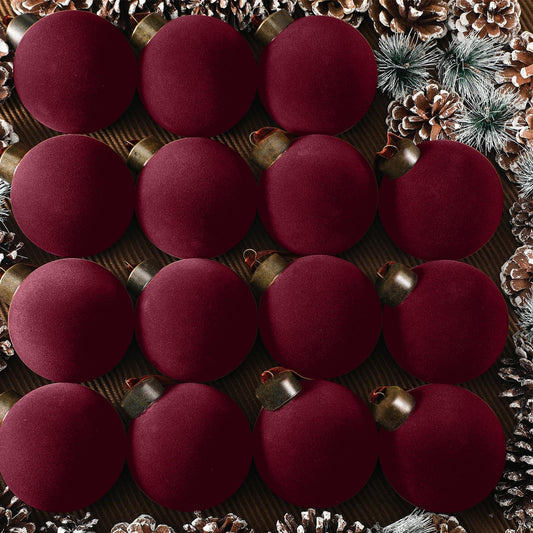 Liliful 15 Pcs Velvet Christmas Balls Bulk Flocked Christmas Tree Ball Ornaments Plastic Xmas Decorative Hanging Ornaments (Burgundy)