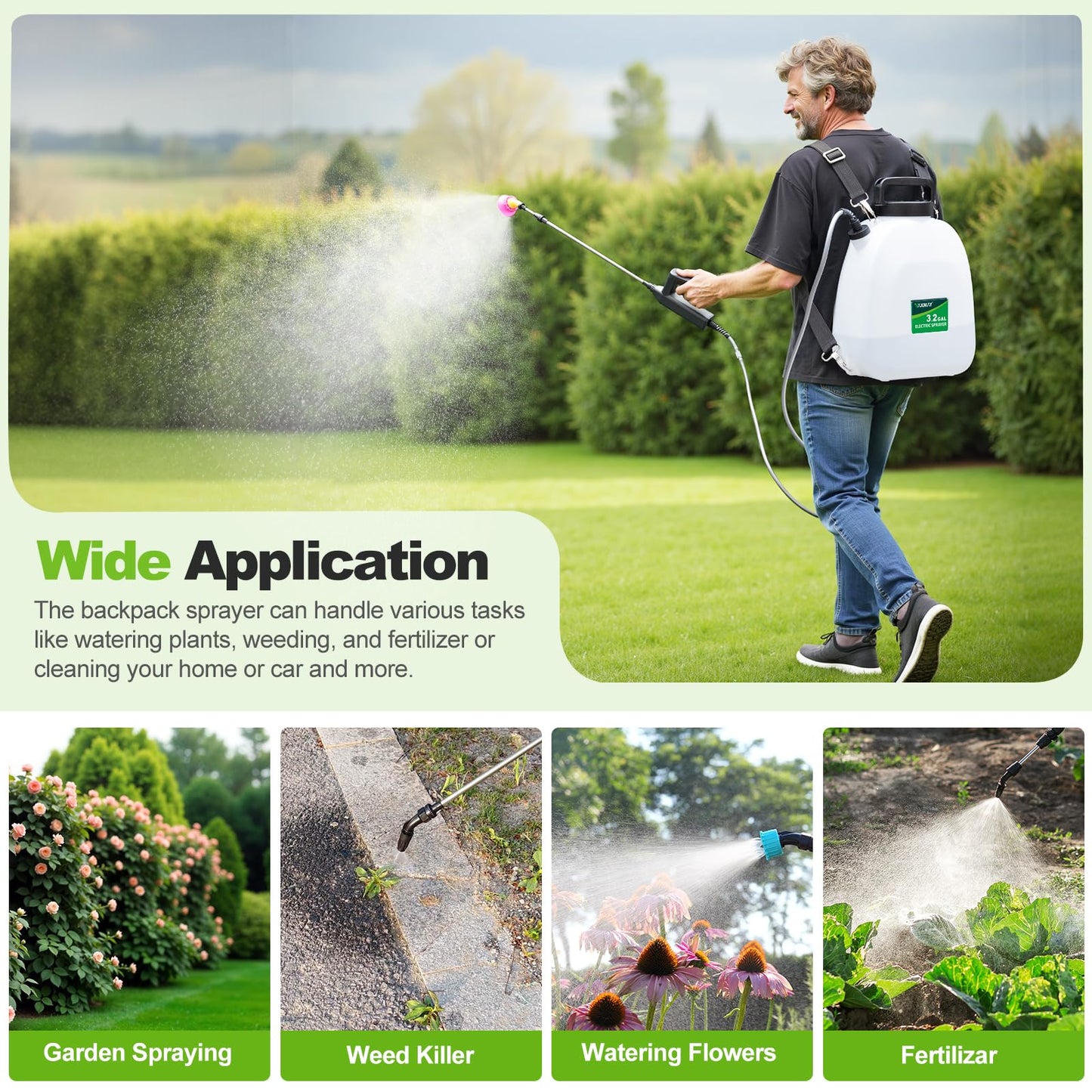 VAXMAY Battery Powered Sprayer 3.2 Gallon, Backpack Sprayer with 3 Adjustable Forces, Battery Indicator, 5 Mist Nozzles, 41" Retractable Wand, USB Rechargeable Garden Sprayer for Weed Lawn Yard