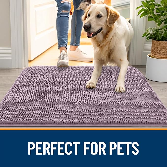OLANLY Dog Door Mat for Muddy Paws 54x24, Absorbs Moisture and Dirt, Absorbent Non-Slip Washable Doormat, Quick Dry Chenille Mud Mat for Dogs, Entry Indoor Entryway Carpet for Inside Floor, Deep Plum