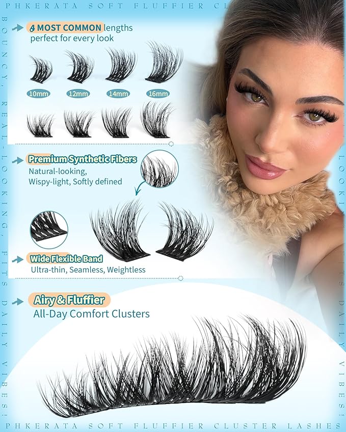 PHKERATA Fluffy Lash Clusters Wispy Eyelash Clusters Natural C Curl Cluster Eyelash Extensions Volume Individual Lashes DIY Eyelash Extension with Soft Thin Band, 10-16mm