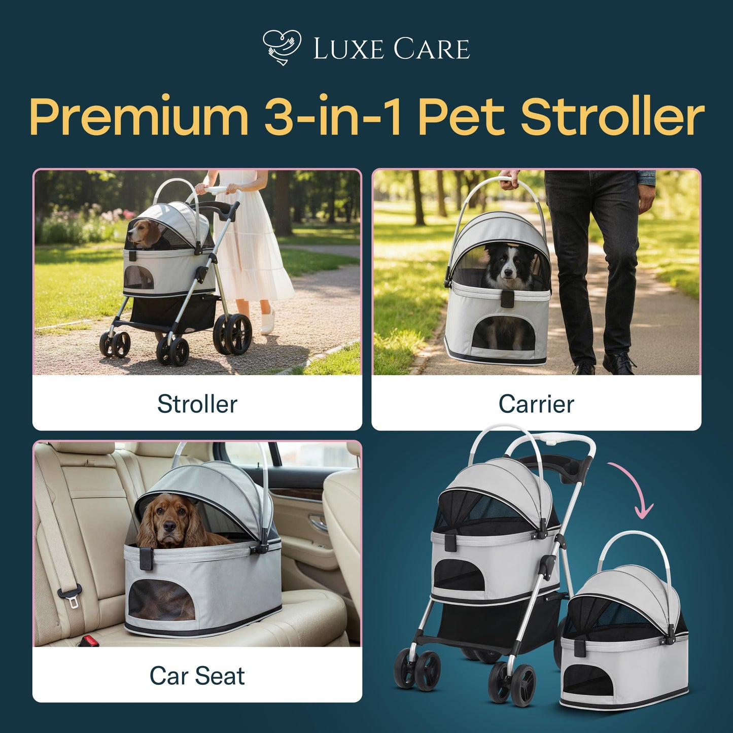 LUXE CARES 4 Wheel Foldable Pet Stroller - Lightweight Dogs and Cats Stroller Upto 50lbs with Mesh Canopy, Storage Basket and Cup Holder, Durable for Walks and Outings (Medium)