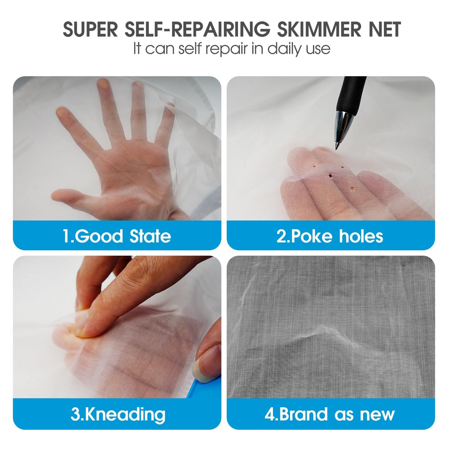 TidyMister Pool Cleaning Kit Full Set - 17.5'' Self-Repair Pool Nylon Net Ultra Fine Mesh & 17.5'' Detachable Round End Pool Brush & 10 Ft Pool Pole with Hook, for Above Ground In-ground Pools, Spas