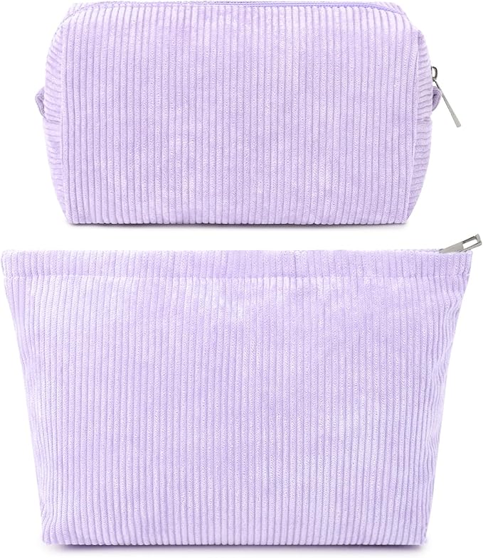 SOIDRAM 2 Pcs Corduroy Makeup Bag Large Cosmetic Bag Toiletry Bag Makeup Pouch Travel Bag Organizer Cute Makeup Brushes Aesthetic Accessories Storage Bag for Women Purple