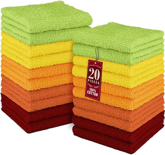 DecorRack 20 Pack 100% Cotton Wash Cloth, Luxurious Soft, 12 x 12 inch Ultra Absorbent, Machine Washable Washcloths, Assorted Set 2 (20 Pack)