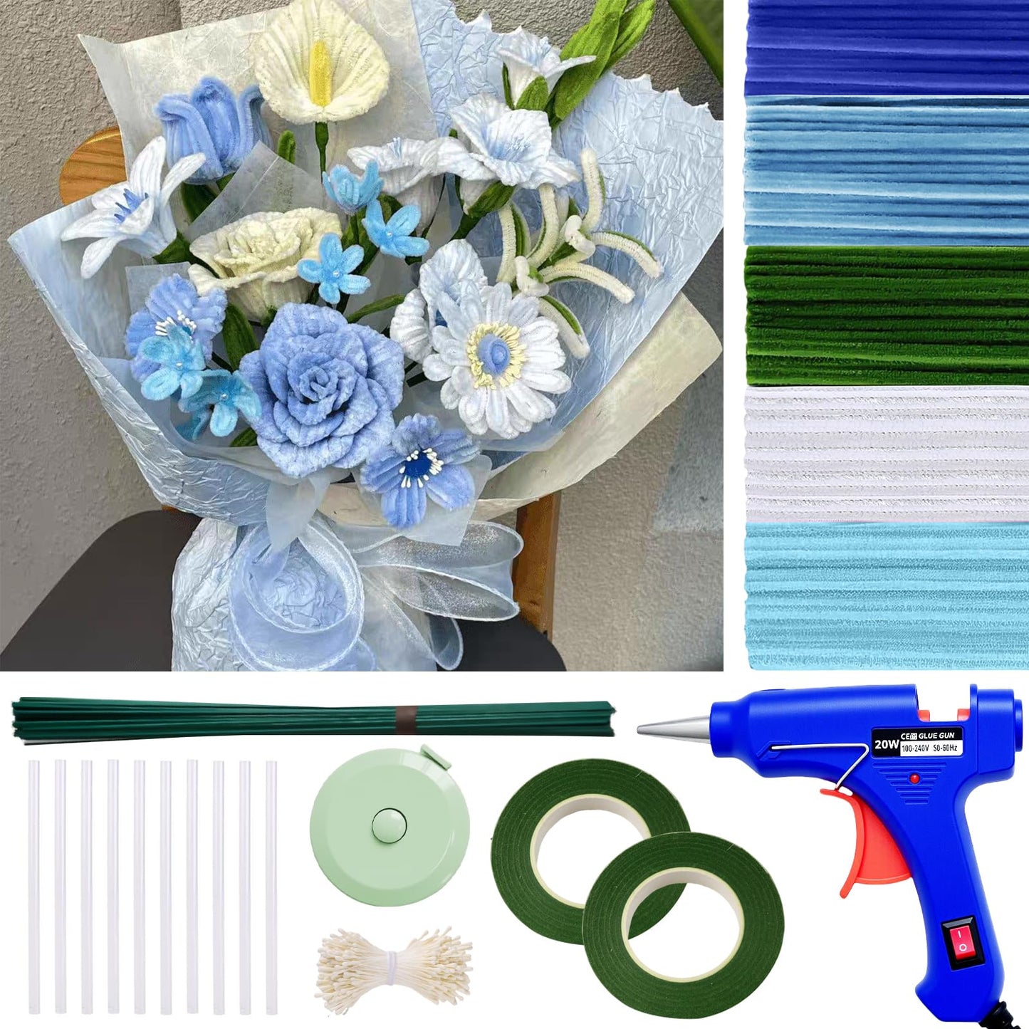 500 Pcs Pipe Cleaners for Crafts – 5 Coloars Chenille Stems with Glue Guns & Tape Measure – Perfect for DIY Projects, Holiday & Room Decorations, Arts and Crafts Activities (Blue, 12in x 8mm)
