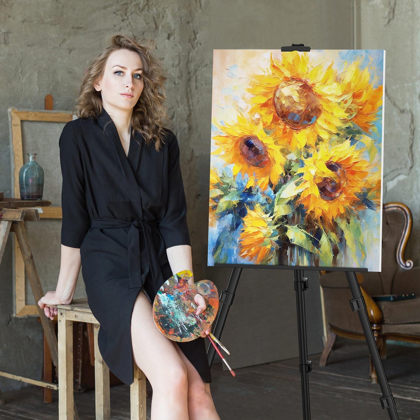 Art Painting Tripod Easel Stand - Portable Adjustable Display Artist Metal Easel with 1 Bag for Tabletop/Floor Painting, Height from 17 to 66 inches, Sturdy for Drawing, Displaying - Black