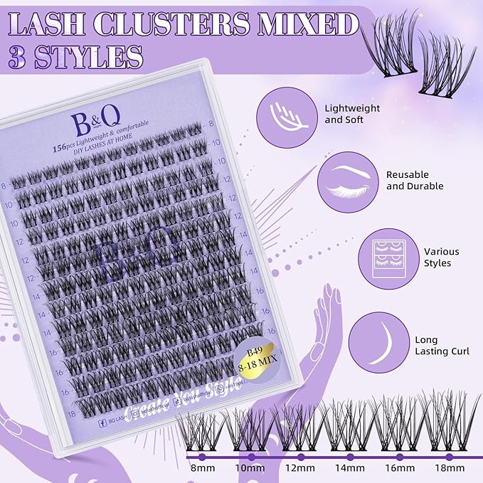 B&Q Wispy Lash Clusters Kit B49, DIY Lash Extension Kit 156PCS Eyelash Extension Kit, Soft Natural Lash Clusters 8-18MIX D Curl Lash cluster, Thin Black Band Cluster Eyelash Extensions (B49 Set)