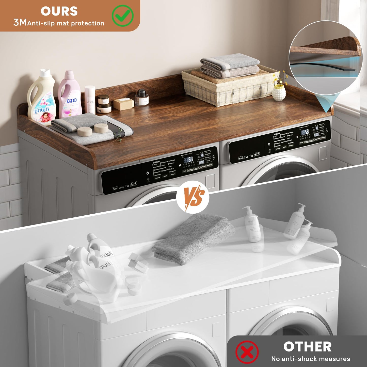 DTK Washer Dryer Countertop, Wood Topper with Edge Rails, Washer and Dryer Countertop with Anti-Slip Strips, 54" Width x 27.5" Depth Cover for Laundry Room Organization and Storage, Walnut