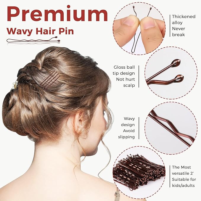300 Pcs Bobby Pins Brown, EWAGOA Hair Pins for Women Girls and Kids, Invisible curled Hair clips with Storage box, Pain-Free Hairpins（2 Inch Brown）