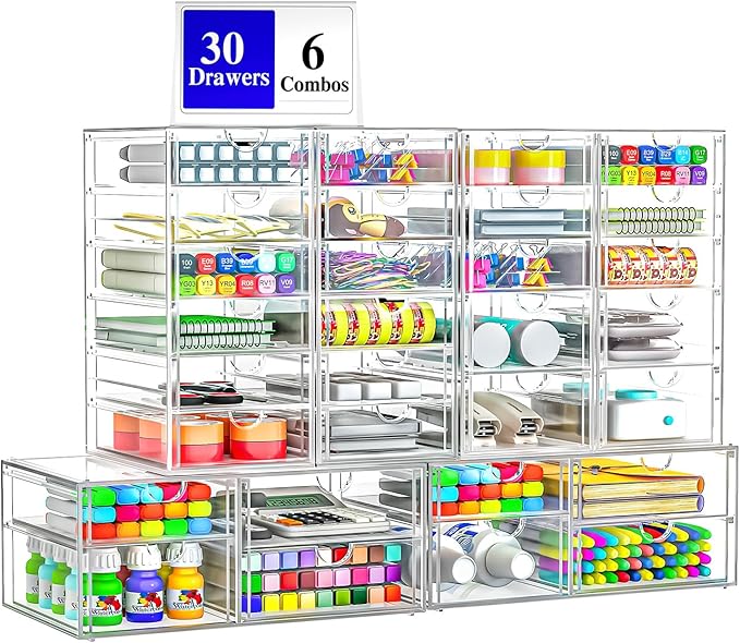 30 Drawers, Acrylic Desk Makeup Organizer, Plastic Drawers Organizer, Stackable Storage Solution for Makeup, Dresser, Office, Bathroom Clear Plastic Craft and Bead Storage Cabinet