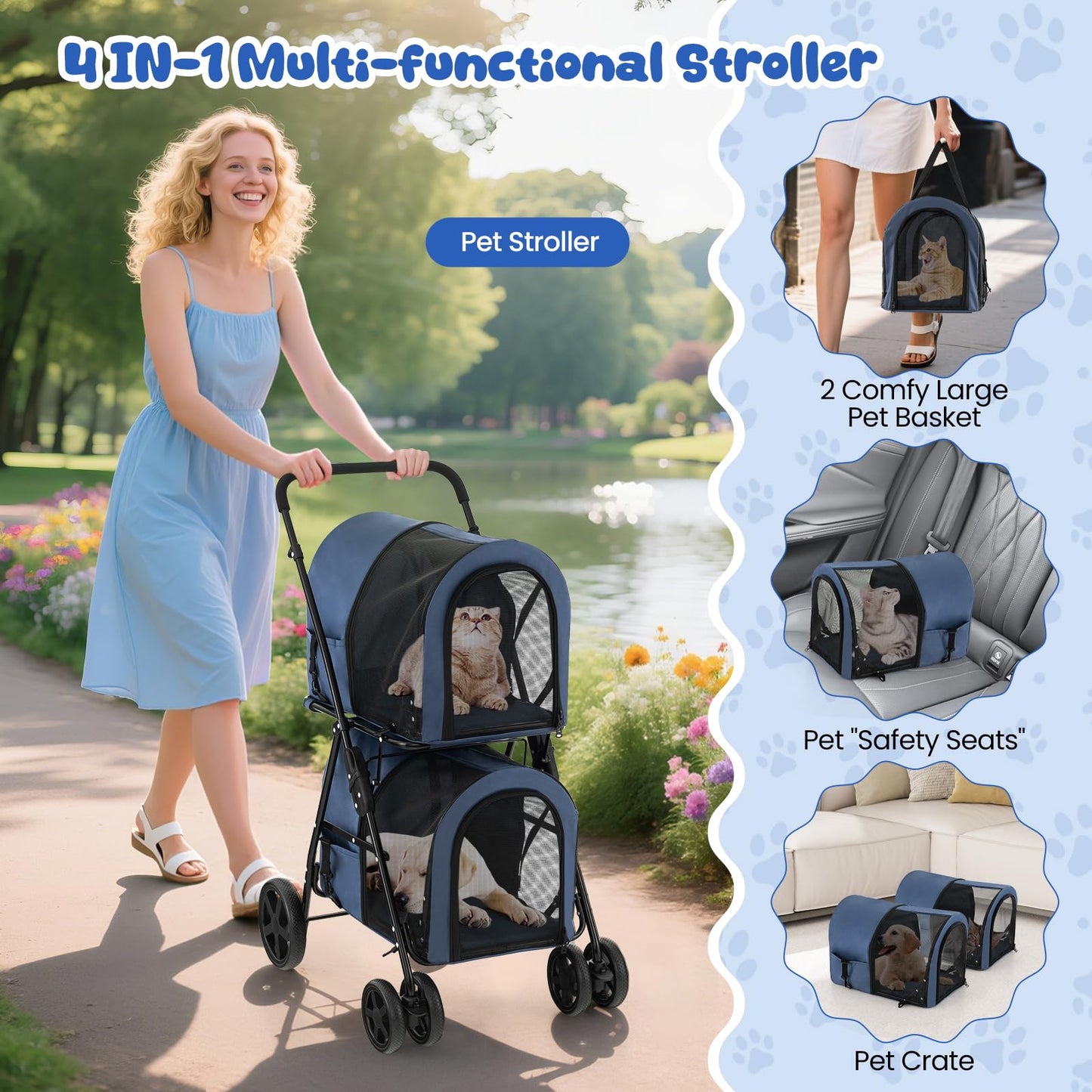 HAPPAWS Dog Stroller with 2 Detachable Carrier, Pet Stroller for Small Medium Dogs Cats, Jogger/Travel/Camping, 4-in-1 Doggy Pet Carrier, Carrier Strolling Cart with Lockable Wheels, Navy Blue