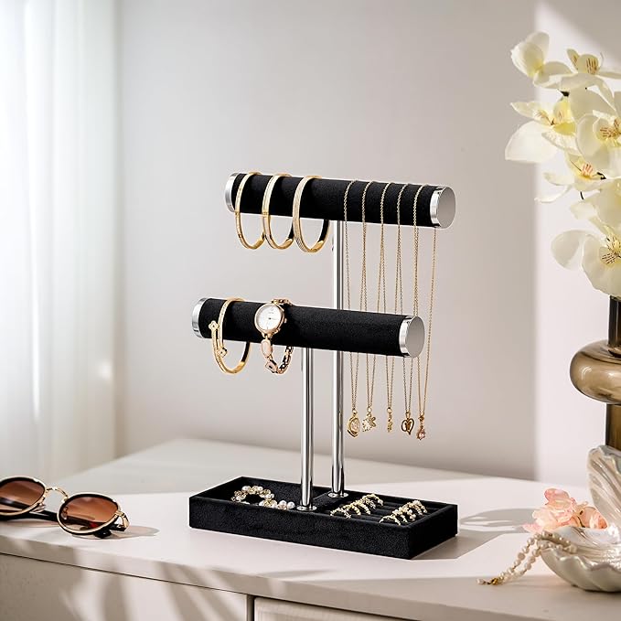 2 Tier Bracelet Holder Display - Detachable T Bar Black and Silver Velvet Bracelet Holder, Jewelry Holder Organizer for Bracelet, Necklace, Earrings, Rings