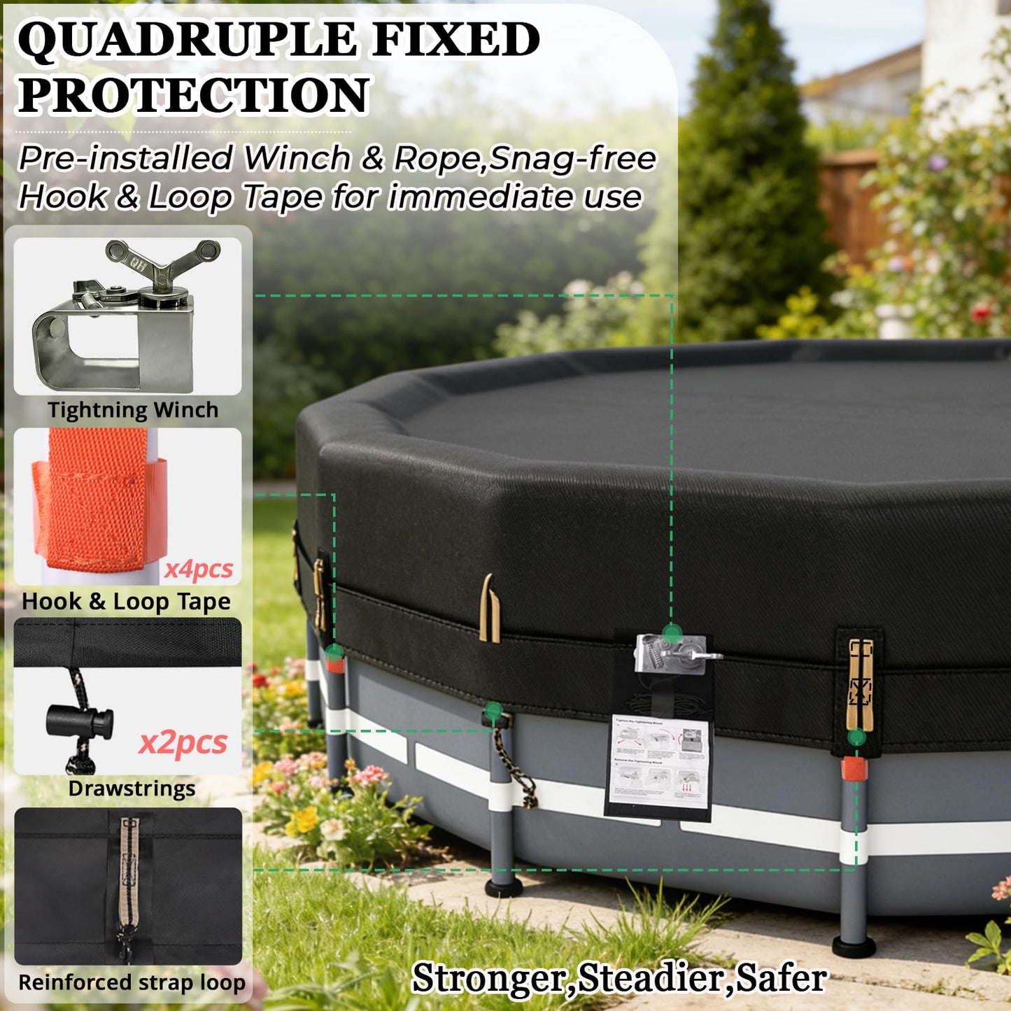 QH.HOME 550D 22ft Pool Cover Round[Upgraded Tear Resistant & Quadruple Windproof] wth Pre-Installed Patented Winch and Rope, Pool Covers for Above Ground Pools-Snug Fit & Waterproof Protection