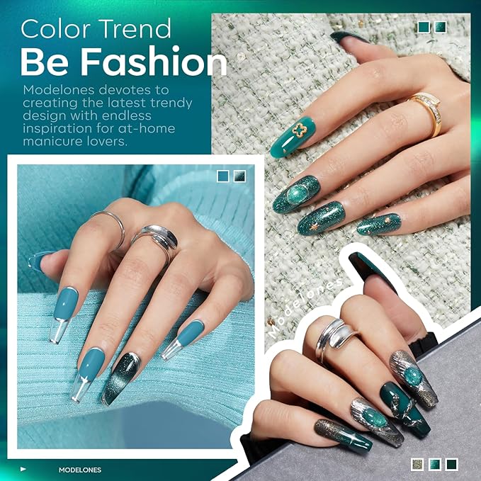 modelones Gel Nail Polish Set, 6 Colors 2026 Spring Summer Blue Green Cat Eye 9D Gel Polish Dark Green Sparkle Reflective Glitter Nail Polish with Magnet Soak Off LED Nail Art Kit DIY