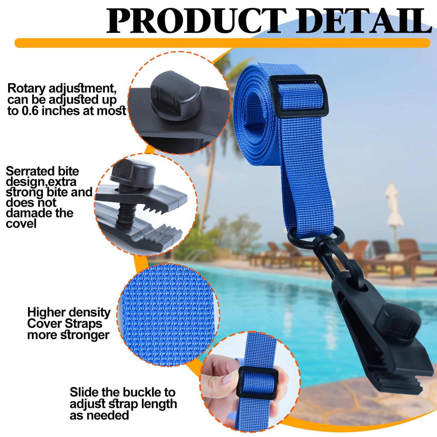 10set Upgraded Pool Solar Cover Reel Straps Adjustable Pool Cover Reel Attachment Inground Swimming Pool Solar Cover Straps and Clips Kit Including 10 Solar Reel Blanket Straps with Hooks,10 Clamps