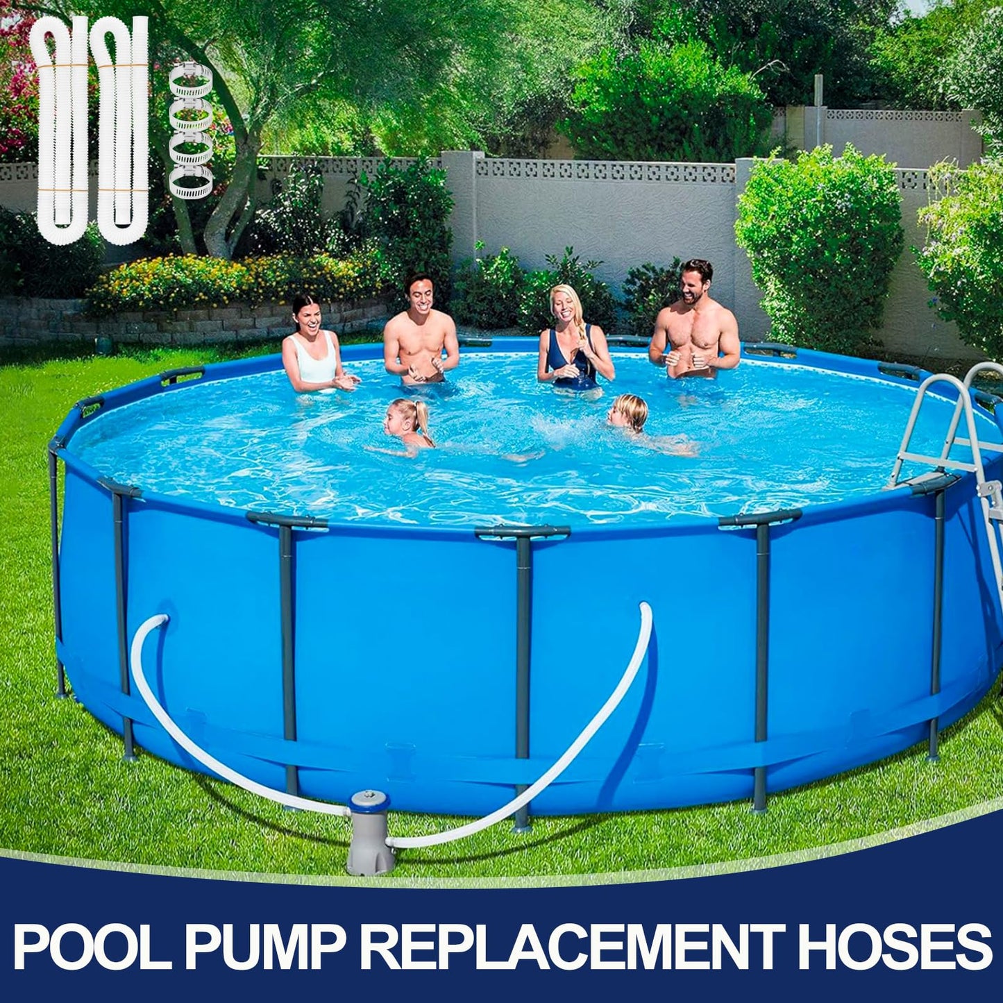 Pool Hoses for Above Ground Pools, 2 Pack 1.25 x 59 Inch Pool Filter Pump Hoses, Compatible with Intex Pool Filter Pump 607, 637 With 4 Metal Clamps(2)
