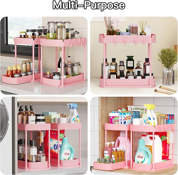 2 Pack Multi-Purpose Pull-Out Storage Organizers, Under Sink & Cabinet Organizers, 12.8 Inch Pink