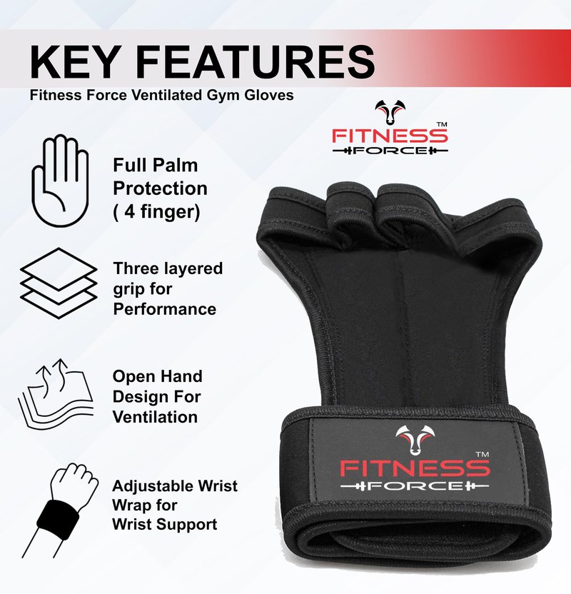 FITNESS FORCE Ventilated Weightlifting Gloves Workout Gloves for Men & Women with Built-in Wrist Wraps Fingerless Gym Gloves for Men Perfect for Exercise Fitness, Weight Lifting (Black, X-Small)