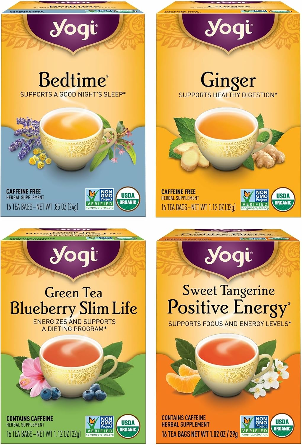 Yogi Tea Variety Pack - 16 Bags per Pack (4 Packs) - Organic Black, Green & Herbal Teas - Includes Bedtime, Ginger, Green Tea Blueberry Slim Life & Sweet Tangerine Positive Energy