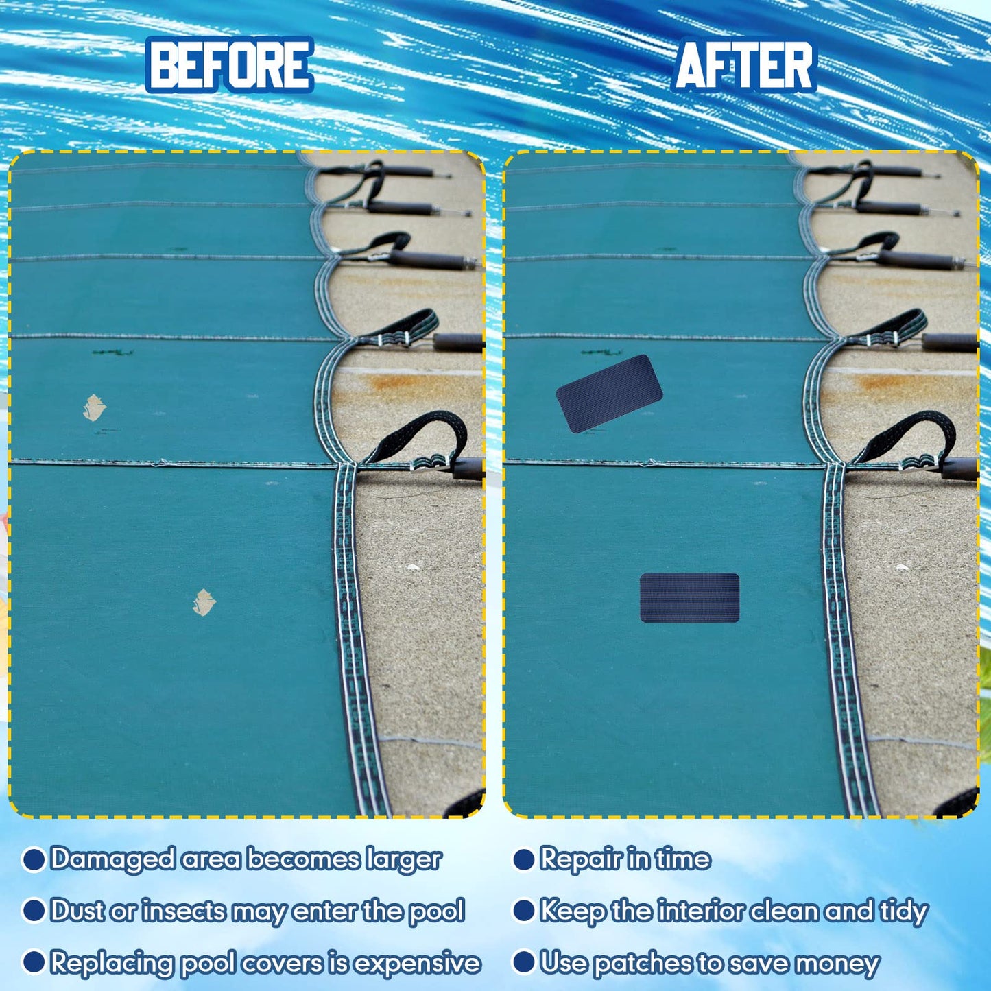 Treela 6 Pcs Pool Safety Cover Patch Kit Repair Kit Blue Swimming Pool Patch Repair Mesh Self Adhesive Mesh Inground Saver Pond Covers (4 x 8 Inch)