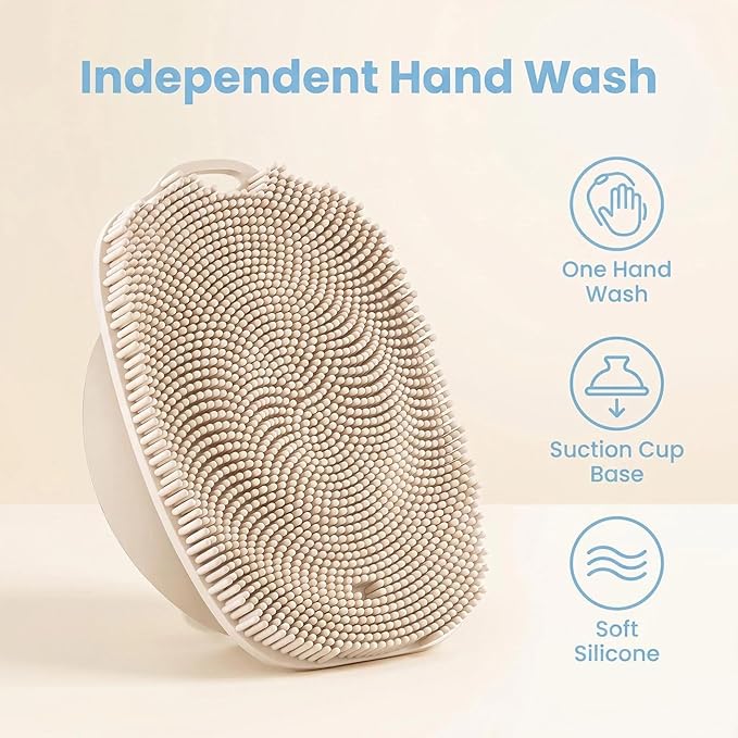 Soft Silicone Body Scrubber, Gentle Like a Hand Exfoliating Your Skin and Build Up Lather Easily, Back Large Suction Cup Easy to Store, Long-Lasting & Deep Clean (Beige)