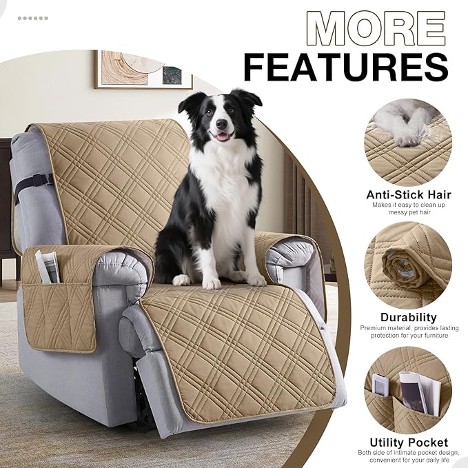 TAOCOCO 100% Waterproof Recliner Chair Covers, Non Slip Recliner Covers for Recliner Chair with Pocket, Washable Reclining Chair Cover Furniture Protector for Kids,Dogs(25'', Camel)
