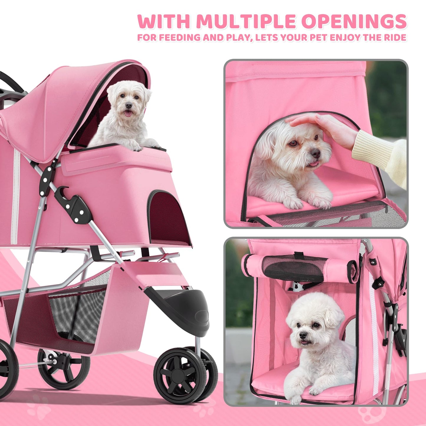 Magshion 3-Wheel Pet Stroller, Foldable Travel Jogger for Small & Medium Dogs & Cats (Up to 33lbs), Lightweight Carrier with Breathable Mesh Cover, Cup Holder & Storage Basket, Pink
