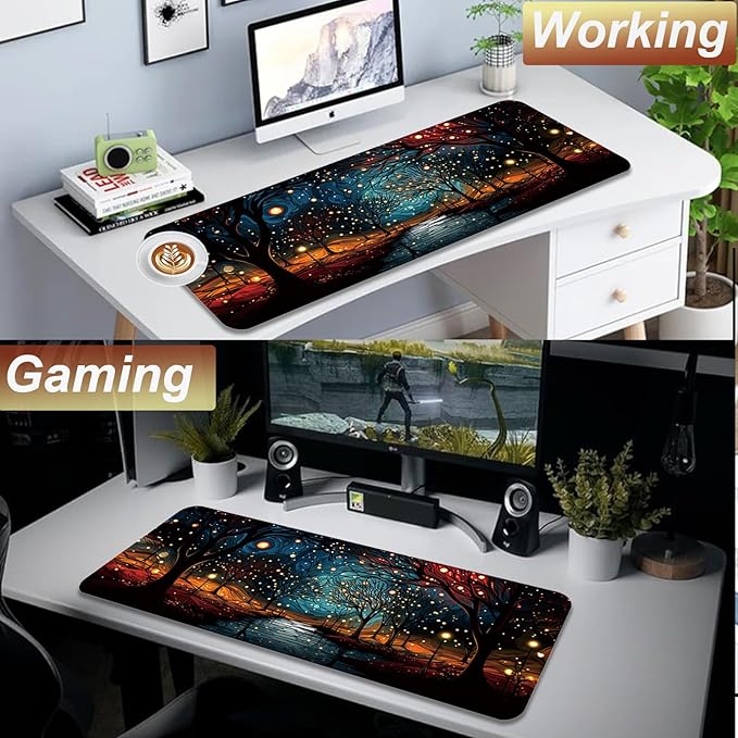 Gaming Mouse Pad 31.5x11.8 inch XL Large Extended Mouse Pad, Big Mousepad Desk Mat for Computer with Non-Slip Rubber Base and Stitched Edge-Starry Night Woods